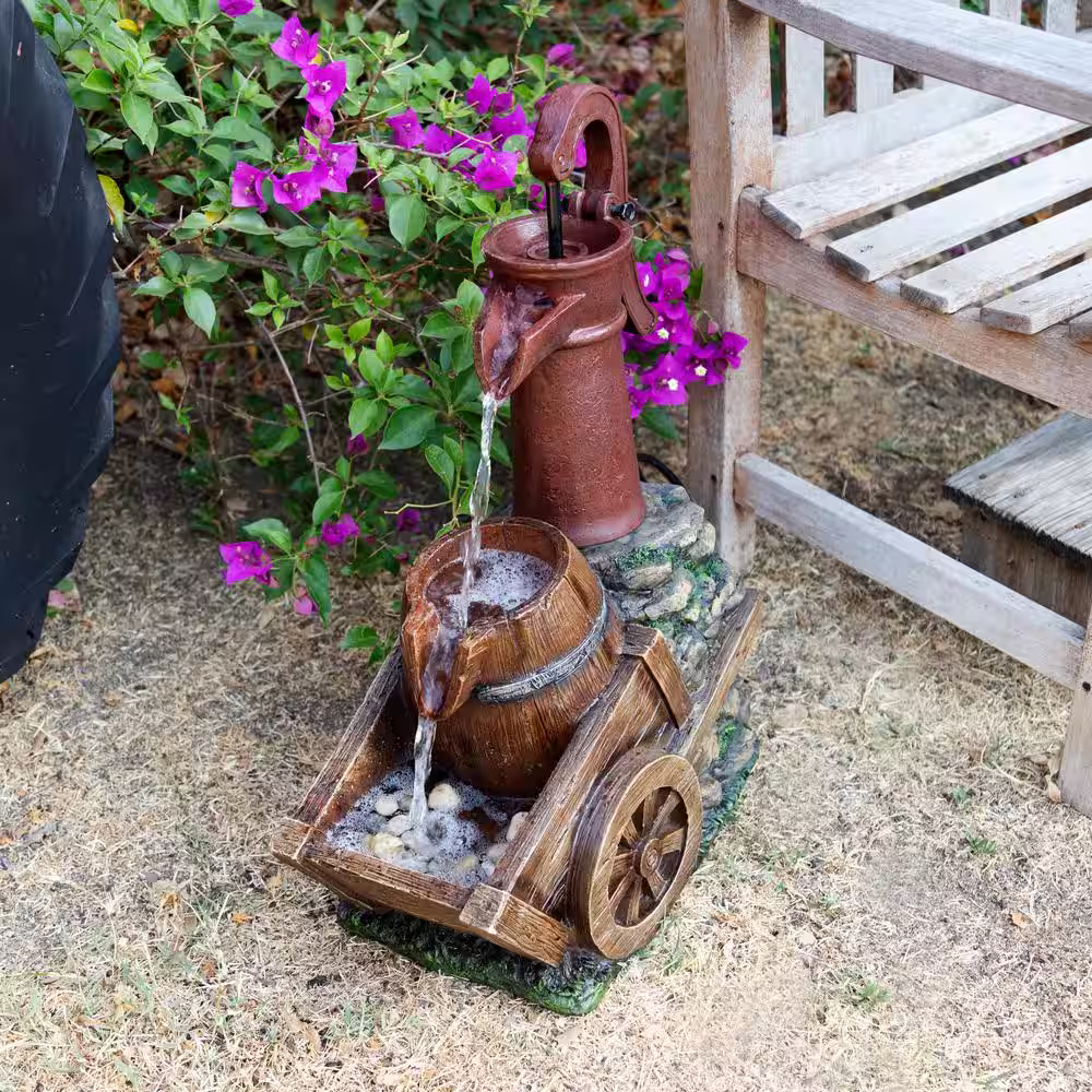 Alpine Corporation 23 in. Tall Vintage Water Pump with Wheelbarrow Fountain Yard Art Decor, Multicolor