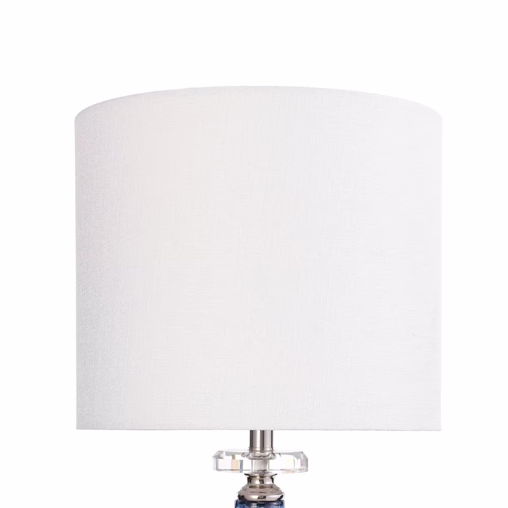 StyleCraft 32 in. Marbled Blue Art Glass Body with Brushed Steel and Clear Acrylic Accents Indoor Table Lamp with Fabric Shade