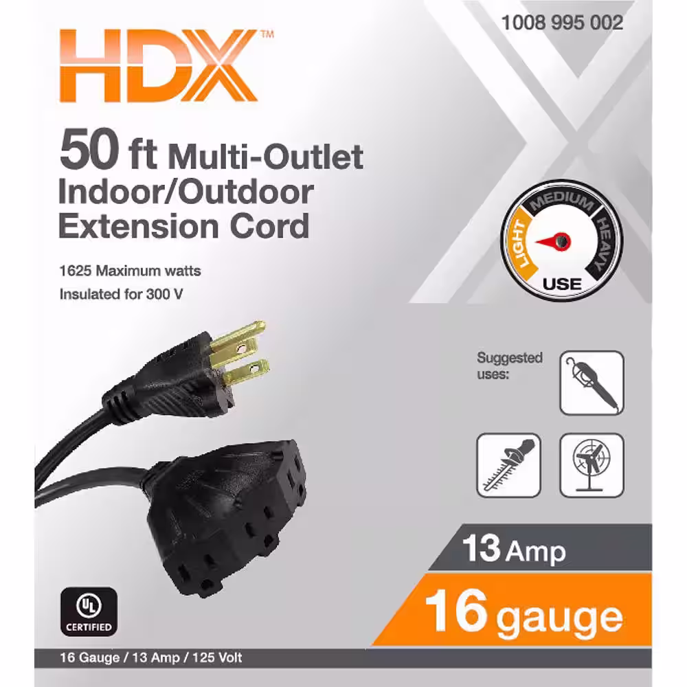 HDX 50 ft. 16/3 Light Duty Indoor/Outdoor Extension Cord with Multiple Outlet Triple Tap End, Black