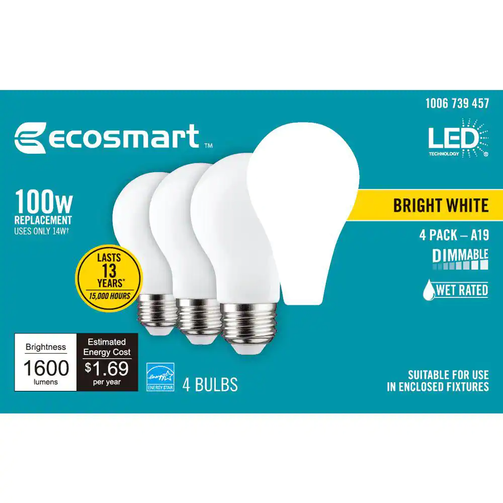 EcoSmart 100-Watt Equivalent A19 Energy Star Dimmable LED Light Bulb Bright White (4-Pack)