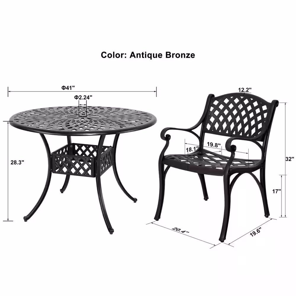 Nuu Garden Antique Bronze 5-Piece Cast Aluminum Patio Dining Set Outdoor Bistro Conversation Set with Red Cushion