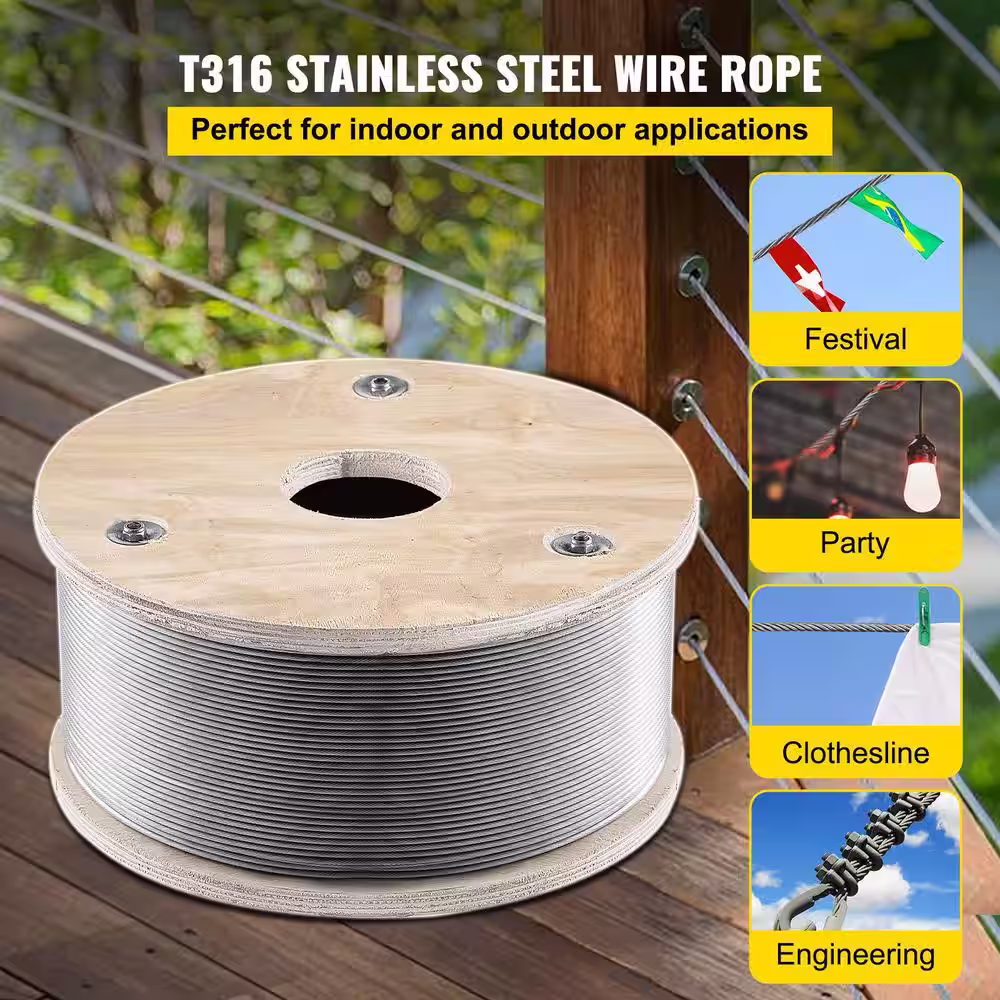 VEVOR 500 ft. x 1/8 in. T316 Stainless Steel Wire Rope 2100 lbs. Load Aircraft Wire Cable with 1x19 Strands Core for Railing