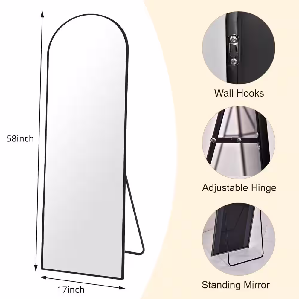 XRAMFY 17 in. W x 58 in. H Arched Black Modern Aluminum Alloy Framed Full Length Mirror Floor Mirror
