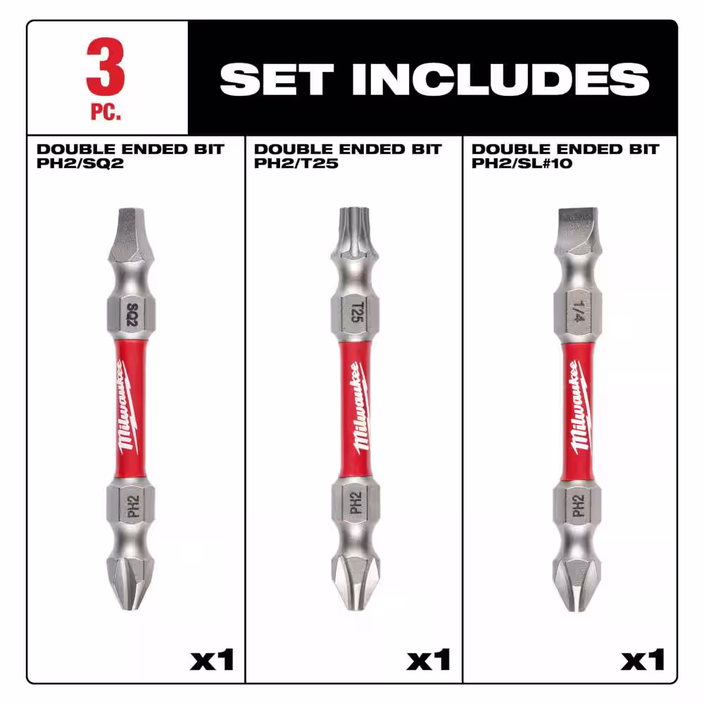Milwaukee SHOCKWAVE Impact Duty Alloy Steel PH2/SQ2/T25 Double Ended Bits (3-Piece)