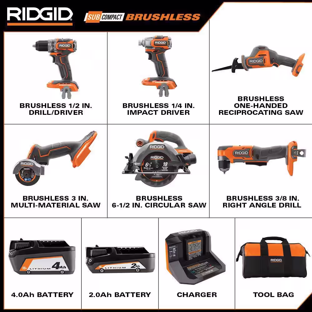 RIDGID 18V SubCompact Brushless 6-Tool Combo Kit w/ 2.0 Ah Battery, 4.0 Ah Battery, Charger, Bag, & 18V 4.0 Ah Battery