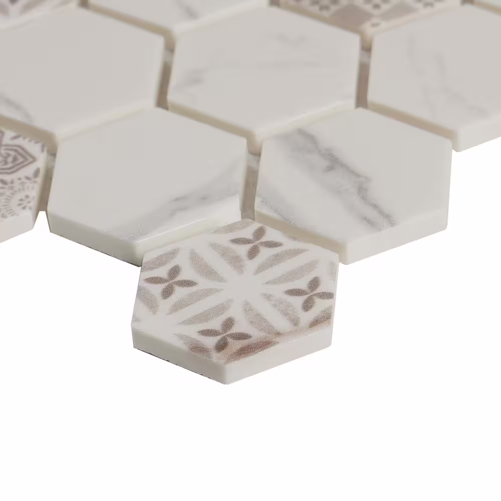 None Artistic Elements Carrara 12 in. x 12 in. Hex Inkjet Glazed Glass Mesh-Mounted Mosaic Tile (0.87 sq. ft./Each)