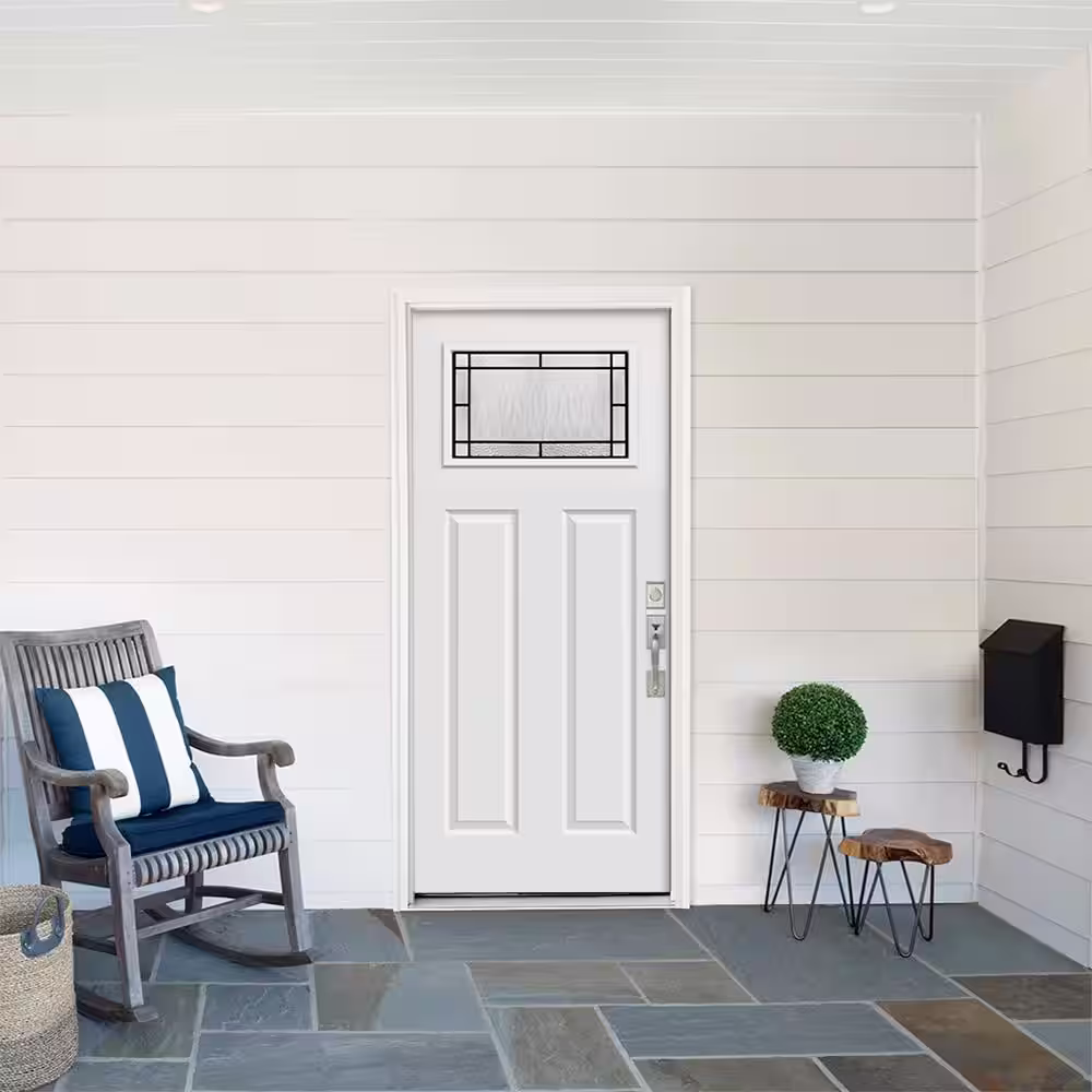 JELD-WEN 36 in. x 80 in. Left-Hand/Inswing Wendover Craftsman Decorative Glass Primed Steel Prehung Front Door with Brickmould