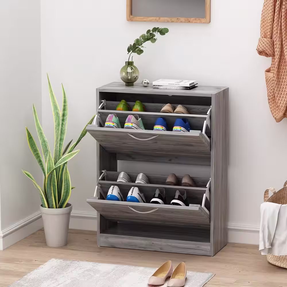 None 22.4 in. W x 29.5 in. H Gray Wood Louver Door Shoe Storage Cabinet with 2-Drawers for Entryway Hallway
