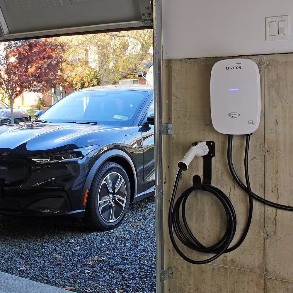 Leviton Level 2 Electric Vehicle Charging Station, 32 Amp, 208/240 VAC, 7.6 kW Output, 18 ft. Charging Cable, Hardwired in White