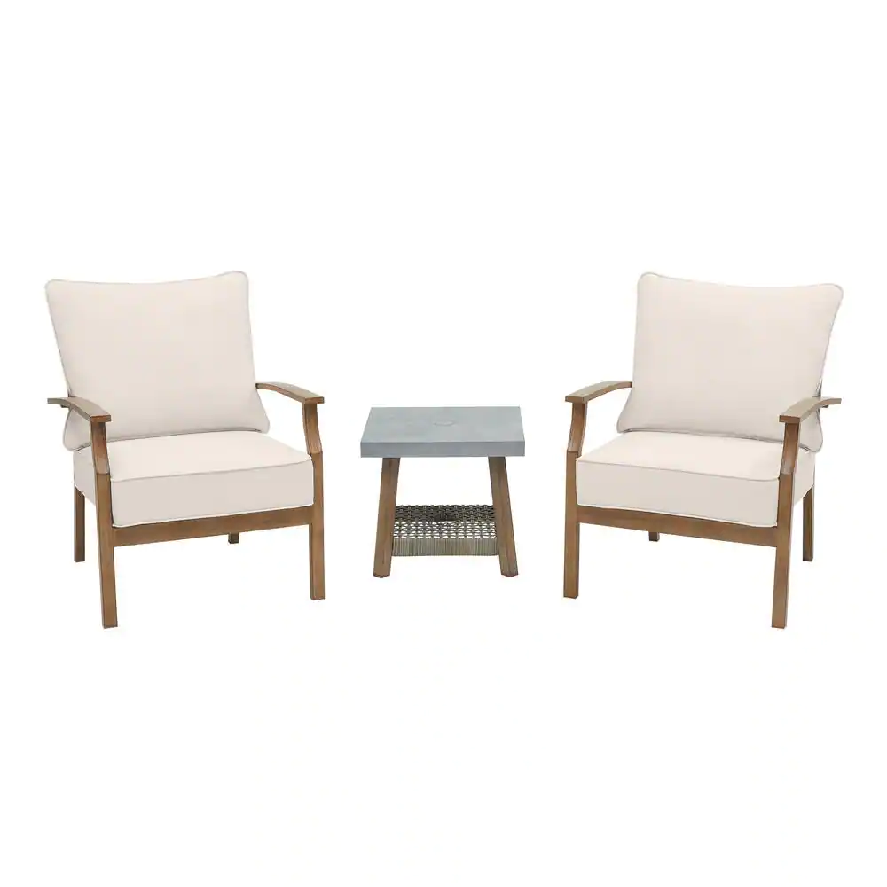 Hampton Bay Beachside 3-Piece Rope Look Steel Outdoor Patio Bistro Set with CushionGuard Almond Tan Cushions