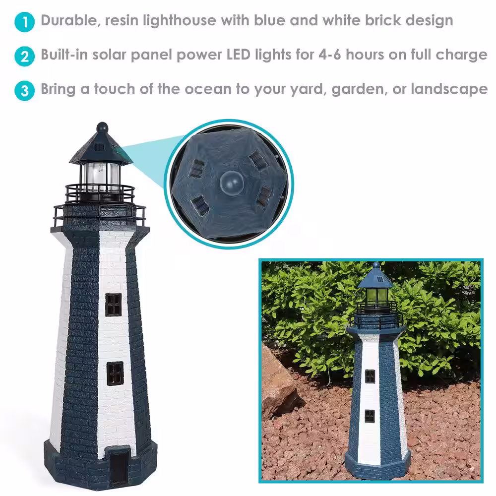 Sunnydaze Decor 36 in. Blue Vertical Stripe Solar LED Lighthouse Garden Statue