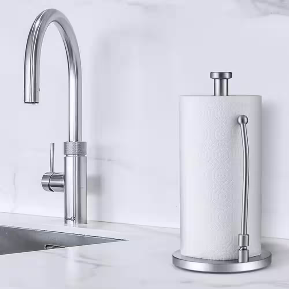 BWE Paper Towel Holder Dispenser Standing with Weighted Base Spring Arm for Kitchen, Bathroom, Bedroom In Stainless Steel