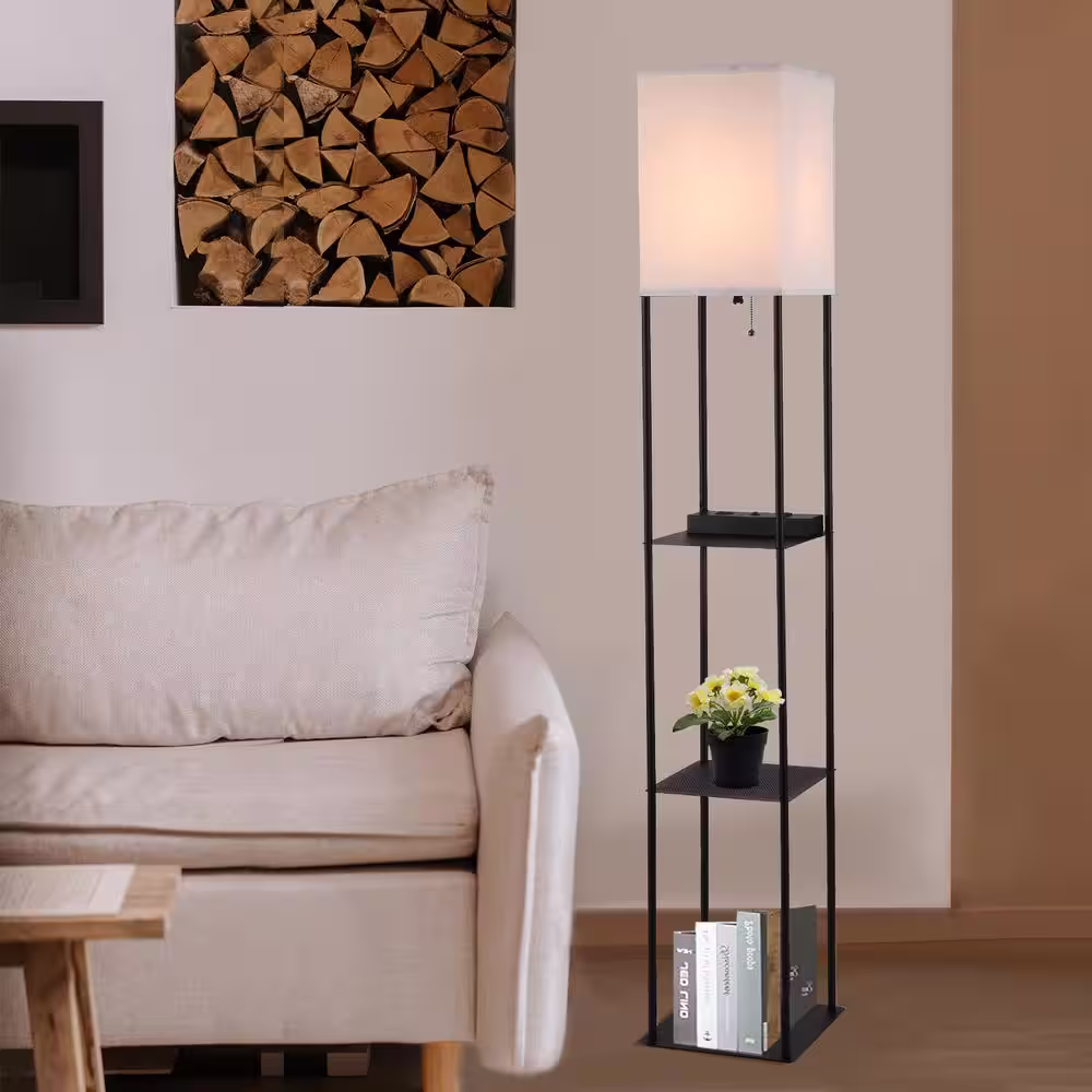 Cedar Hill 63 in. Floor Lamp with Shelves, Square Corner Tall Bookshelf Lamp with USB