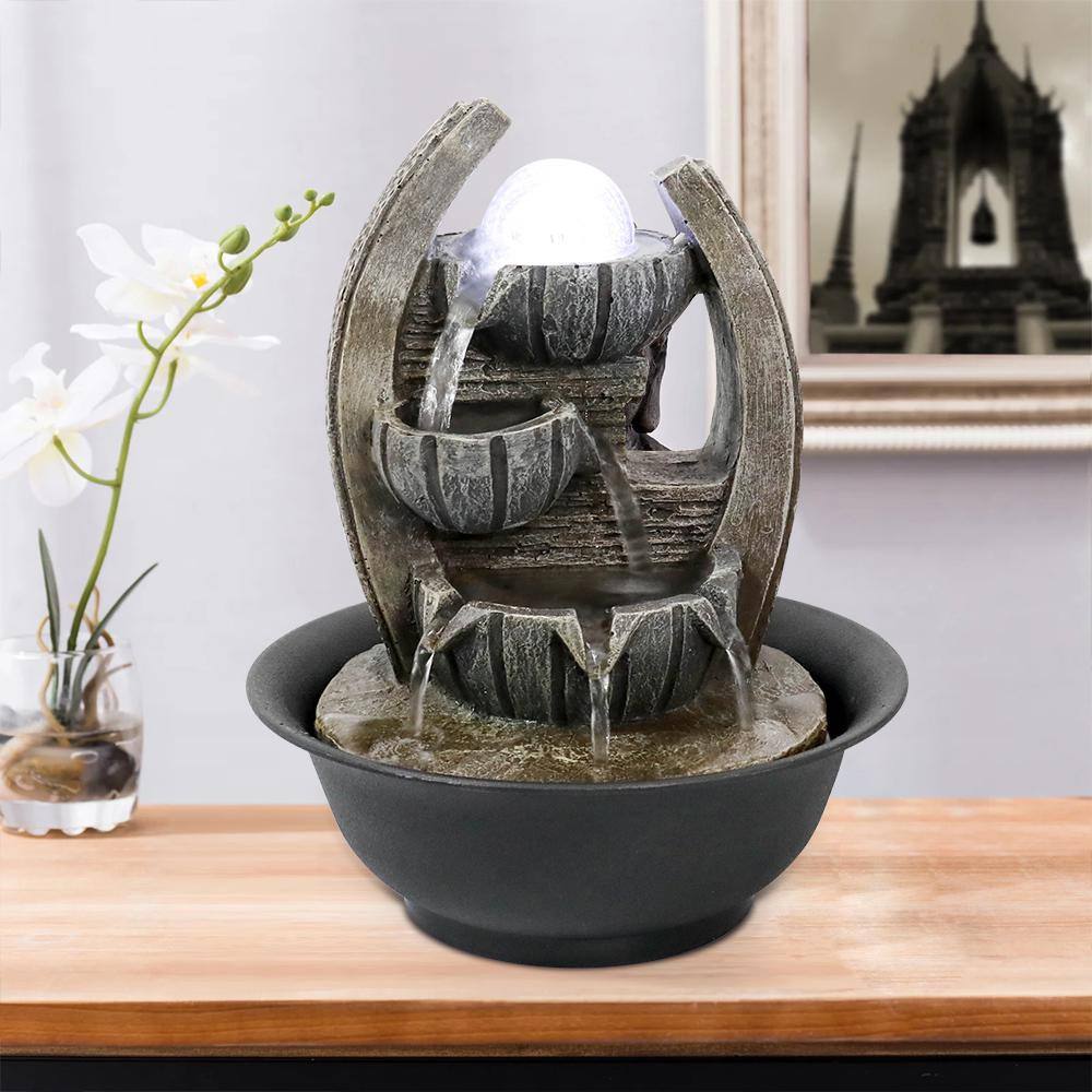 Watnature 10.6 in. Resin Tabletop Fountain, 4-Step 5-Flow Water Feature Relaxing Fountain with Spining Orb and LED Lights
