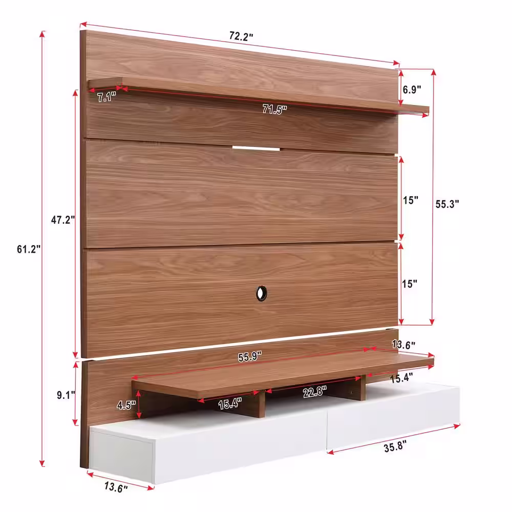 Harper & Bright Designs Natural Wood Modern Wall Mounted Floating Entertainment Center Fits TV up to 80 in. TV Stand with 2-Drop Down Doors
