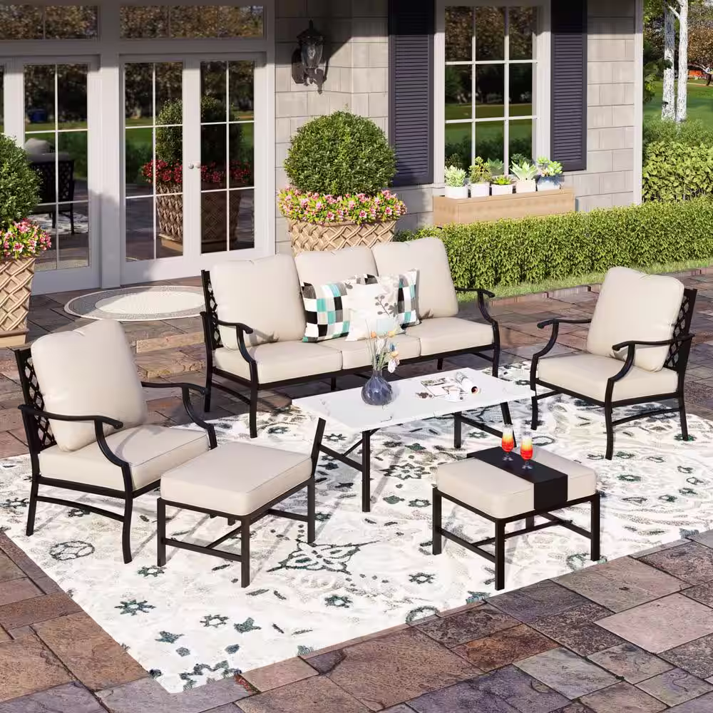 None Black Meshed 7-Seat 6-Piece MetalOutdoor Patio Conversation Set with Beige Cushions and Table with Marble Pattern Top