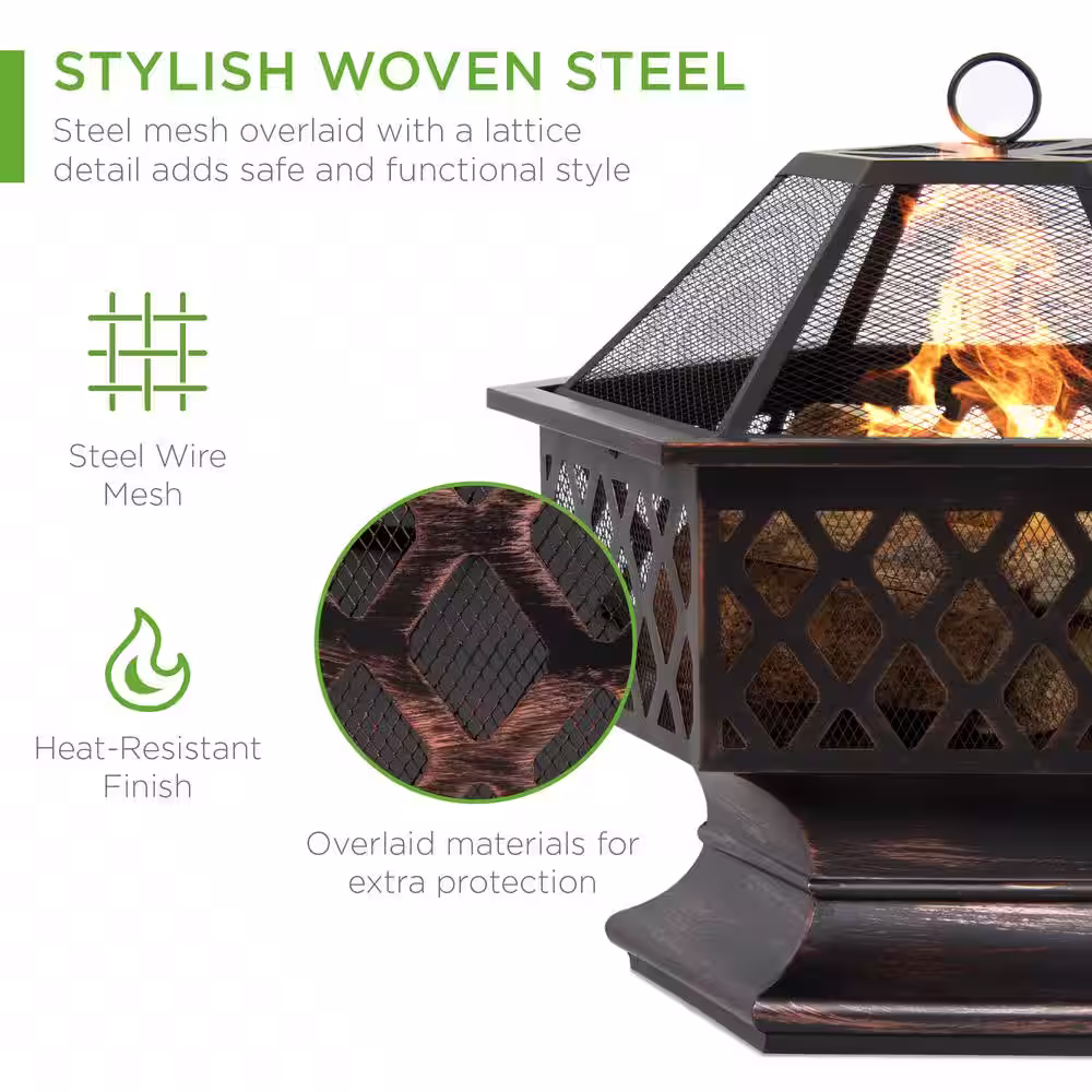 Best Choice Products 24 in. x 24 in. x 8.5 in. Hexagon Steel Wood Fire Pit with Mesh Lid