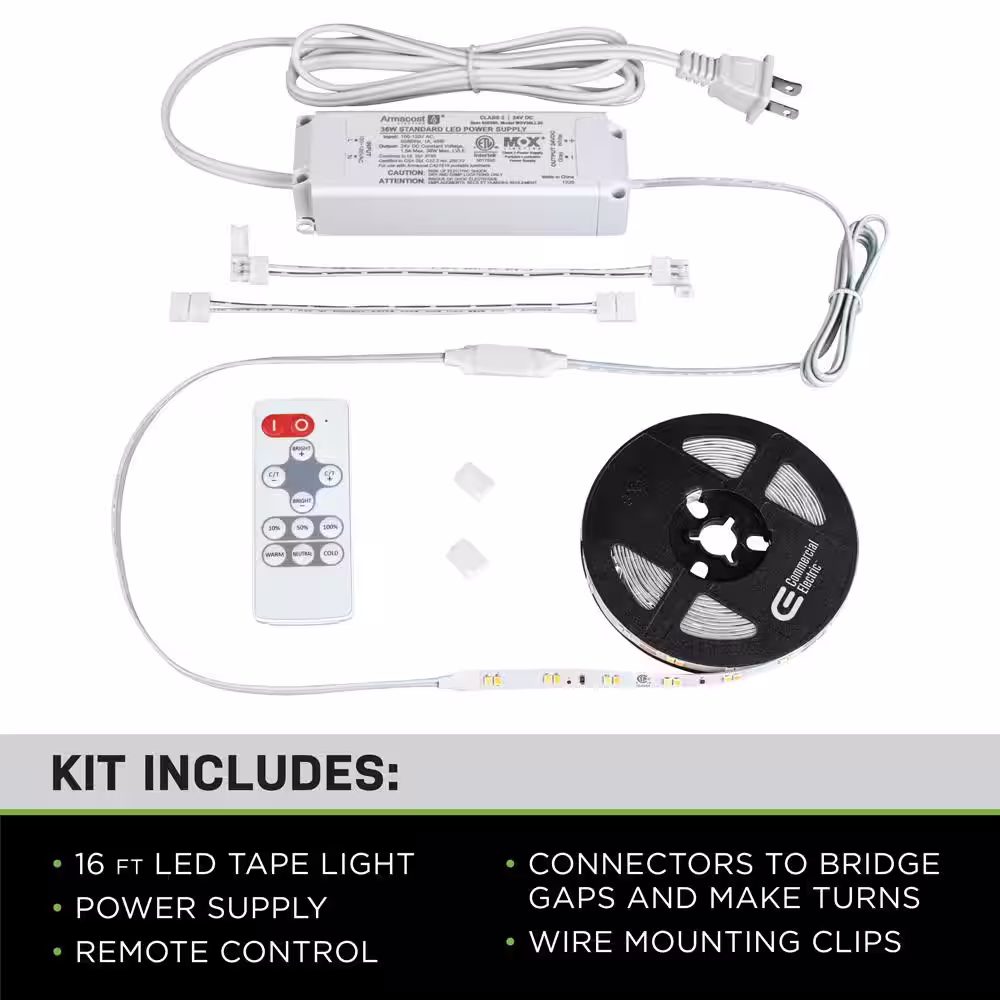 Commercial Electric 16 ft. LED Tunable White Tape Light Kit- Under Cabinet Light