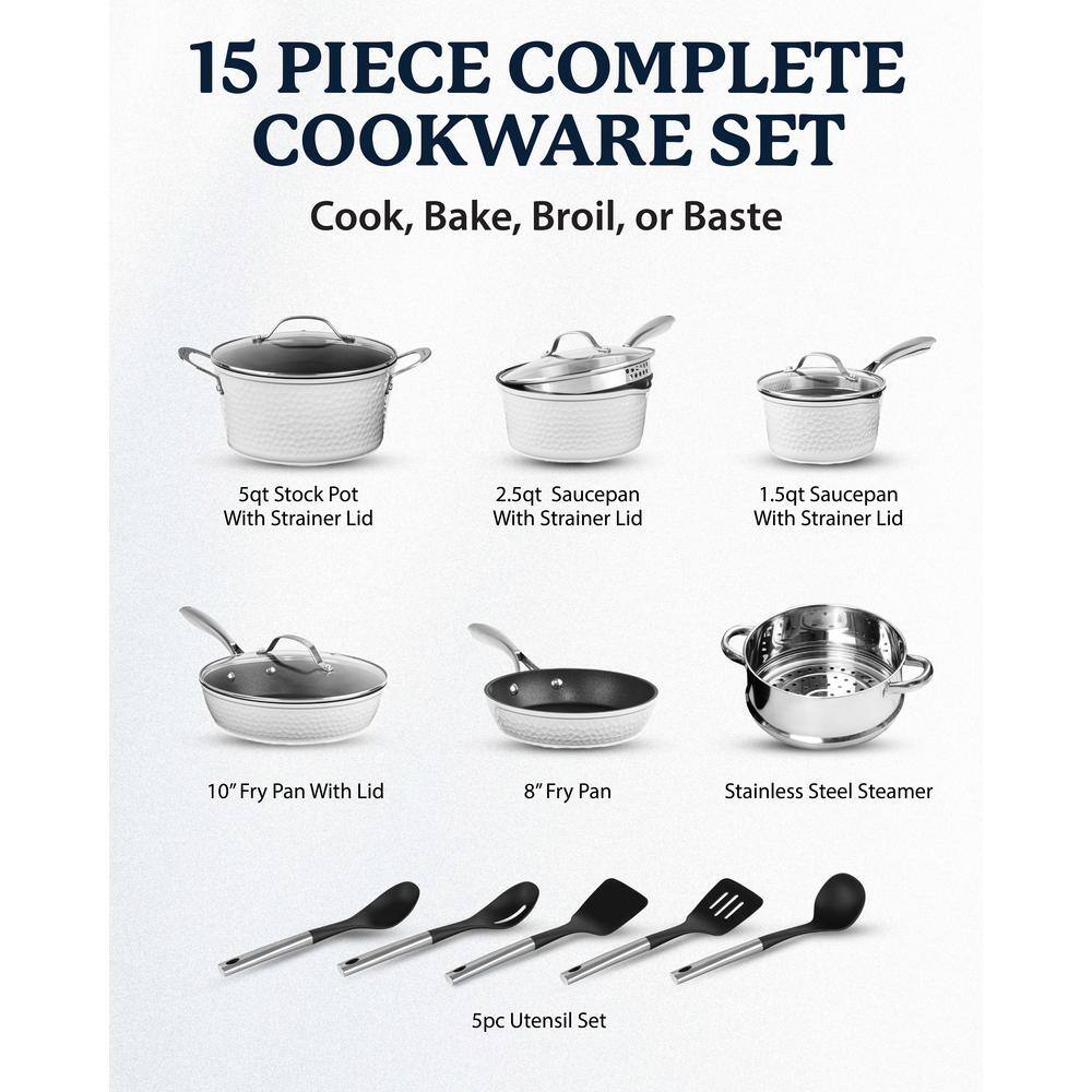 GRANITESTONE Charleston Collection 15-Piece Aluminum Hammered Nonstick Cookware Set with Utensils in White