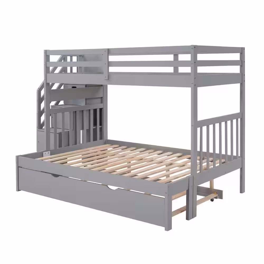 Qualler Treva Gray Twin over Twin/Full Bunk Bed with Twin Size Trundle and Drawers