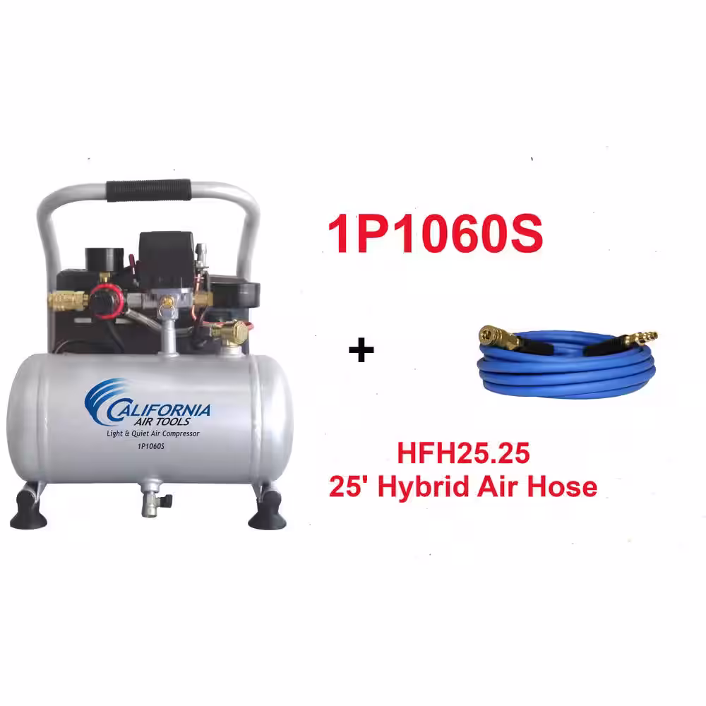 California Air Tools Light and Quiet 1 Gal. 0.6 Hp 115 PSI Steel Tank Electric Portable Air Compressor and 25 ft. Hybrid Air Hose kit