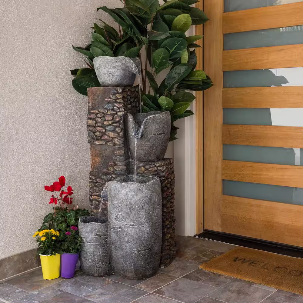 Alpine Corporation 42 in. Tall Outdoor 4 Tier Stone Bowl Fountain with LED Lights