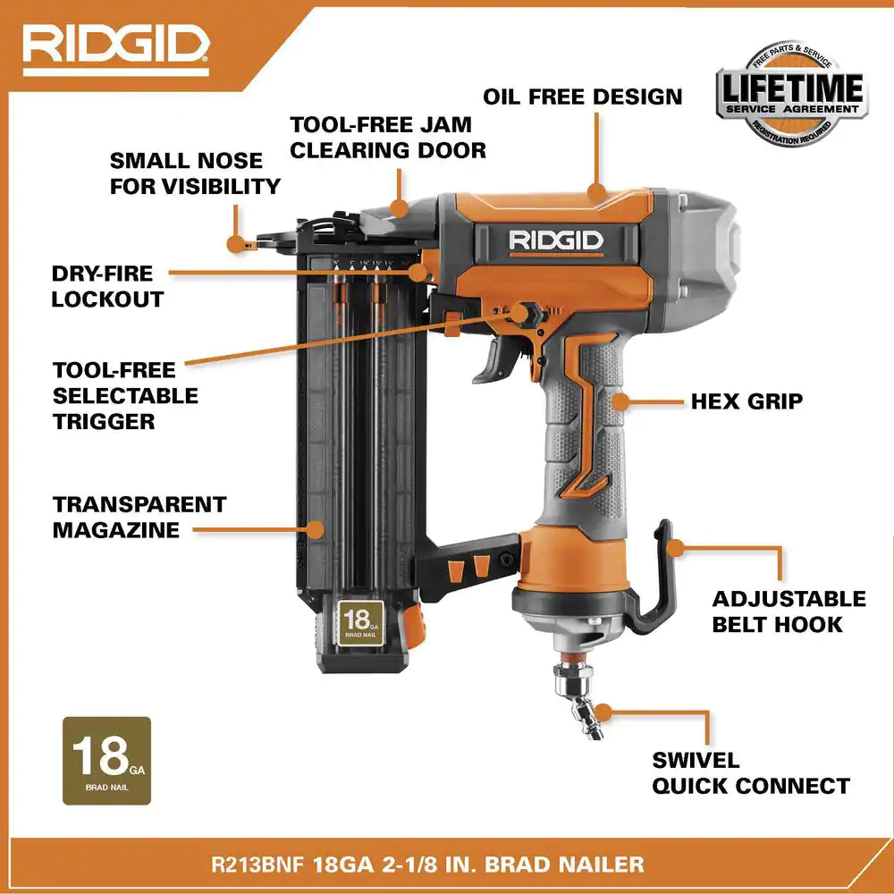 RIDGID Pneumatic 18-Gauge 2-1/8 in. Brad Nailer with CLEAN DRIVE Technology, Tool Bag, and Sample Nails