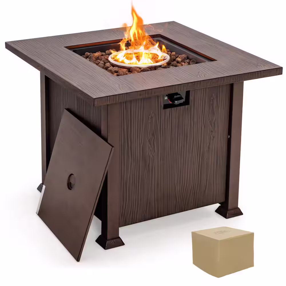Costway 32 in. Patio Square Metal Fire Pit Table 50,000 BTU Propane Gas Table with Lid and Lava Rocks