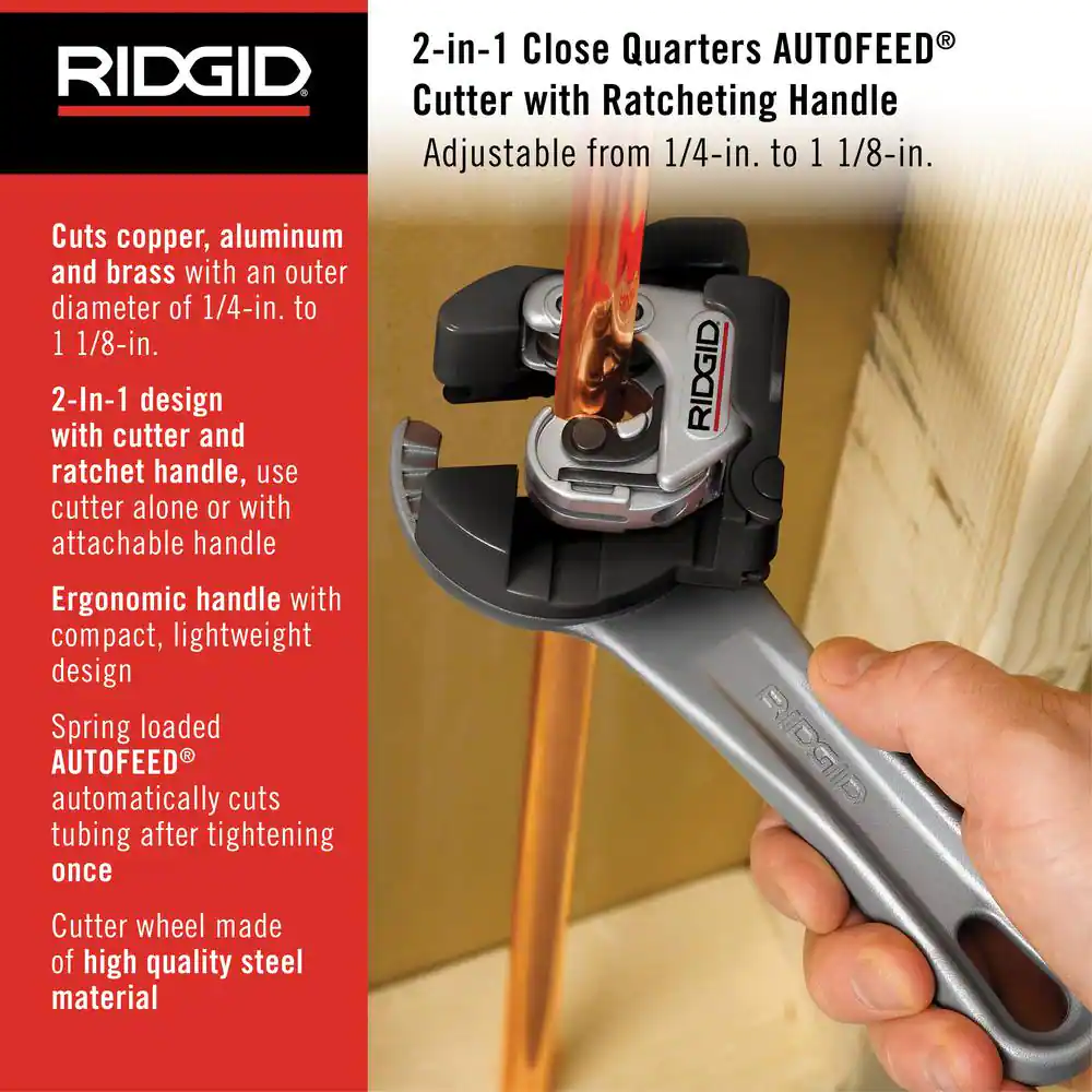 RIDGID 118 2-in-1 Close Quarters AUTOFEED 1/4 in.-1-1/8 in. Metal Tubing Compact Cutter,Tool with X-CEL Knob for Quick Cutting