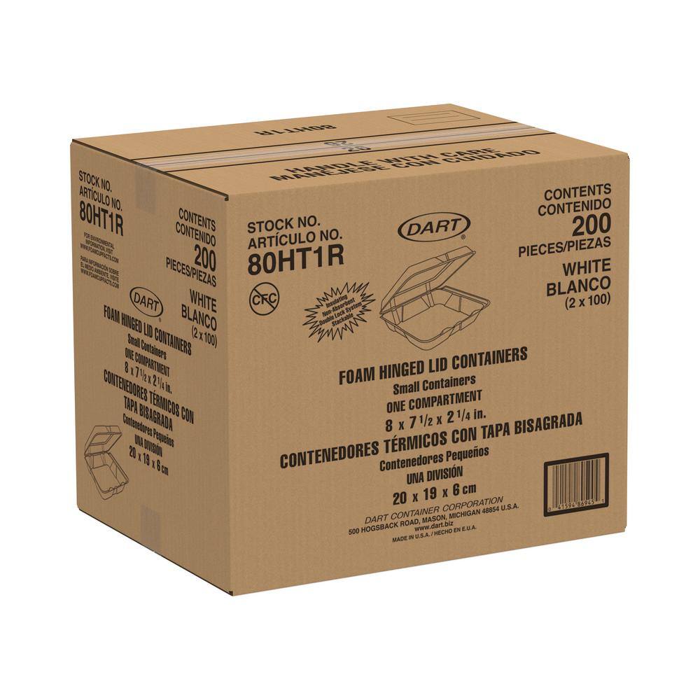 DART White Foam Hinged Lid Containers, 8 x 8 x 2.25,200/Carton