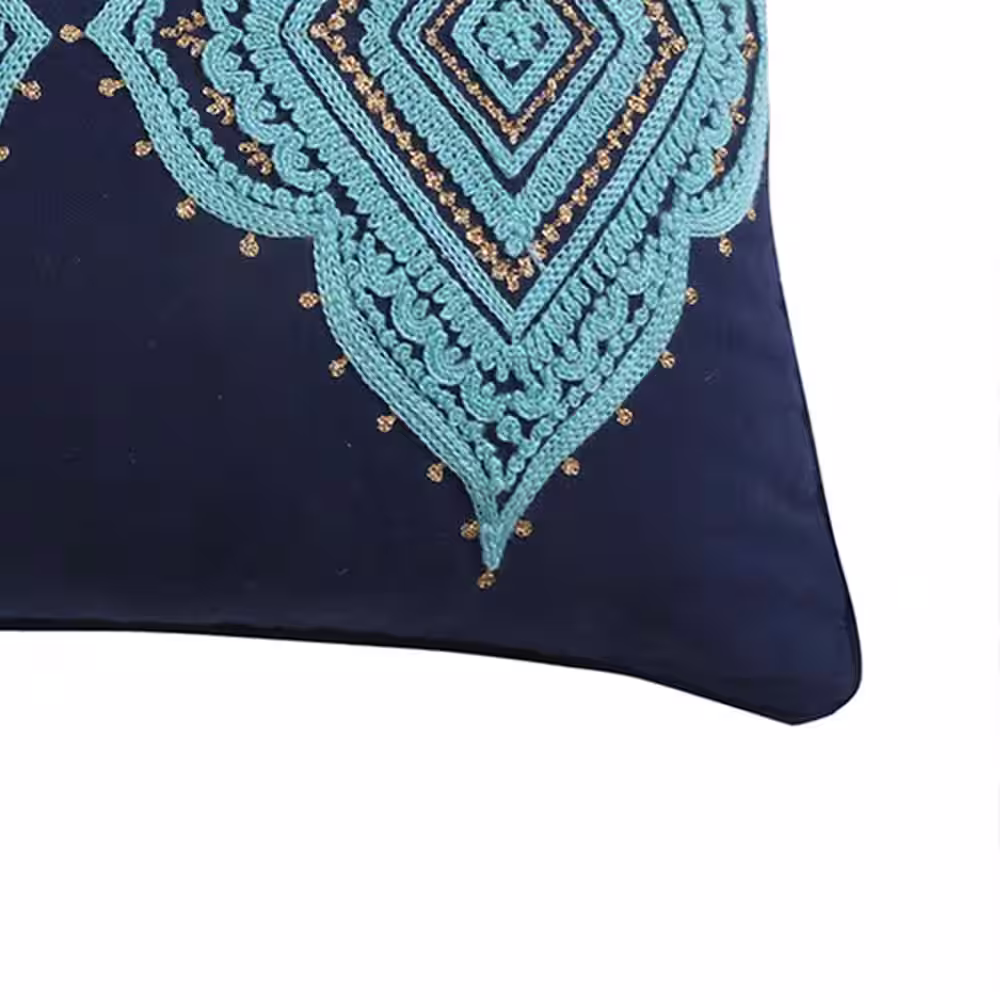 None Amelie Navy, Teal, Gold Medallion Embroidered 12 in. x 24 in. Throw Pillow