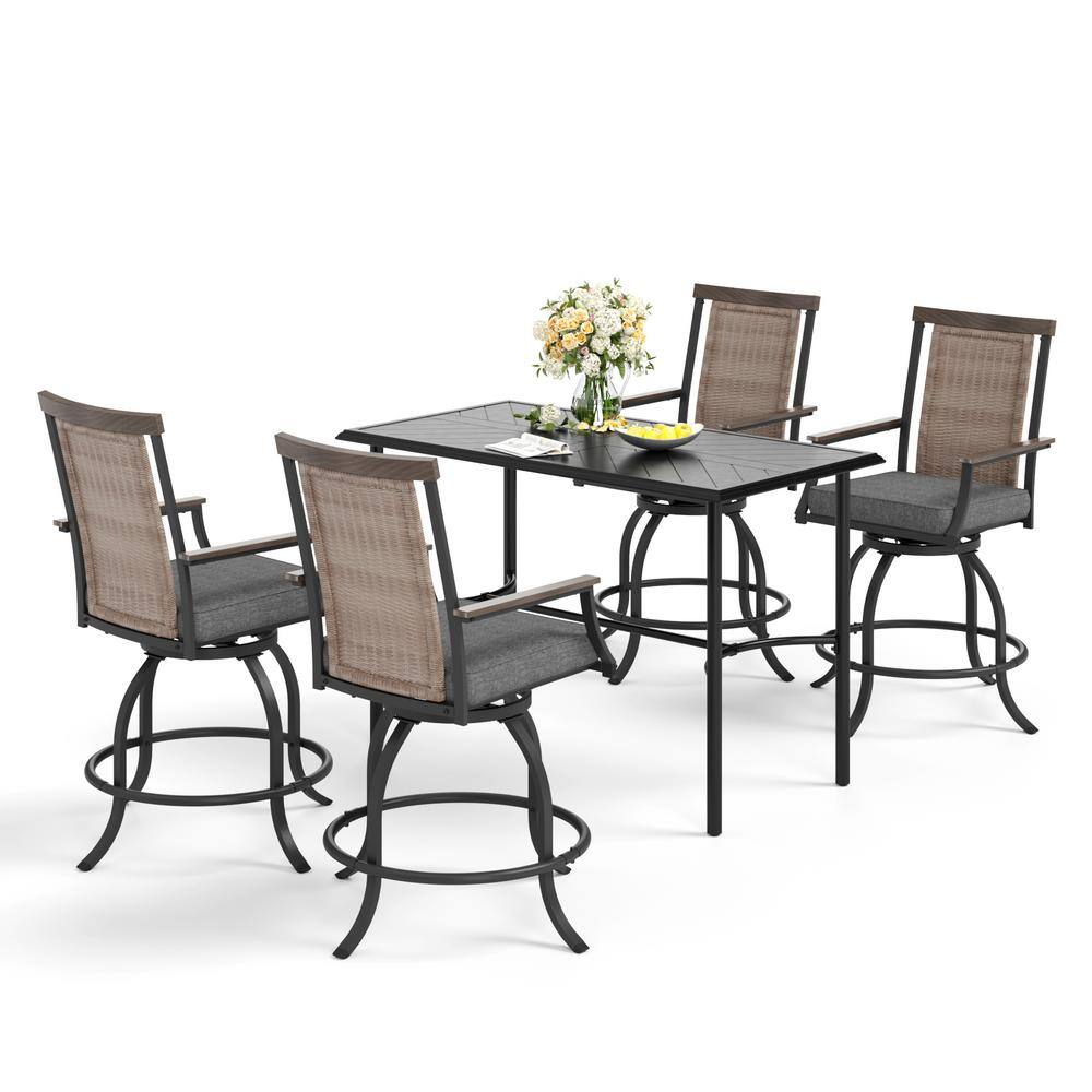 None 5-Piece Metal Bar Height Outdoor Bistro Set with Black Rectangle Metal Table and Rattan Bistro Chairs with Gray Cushion