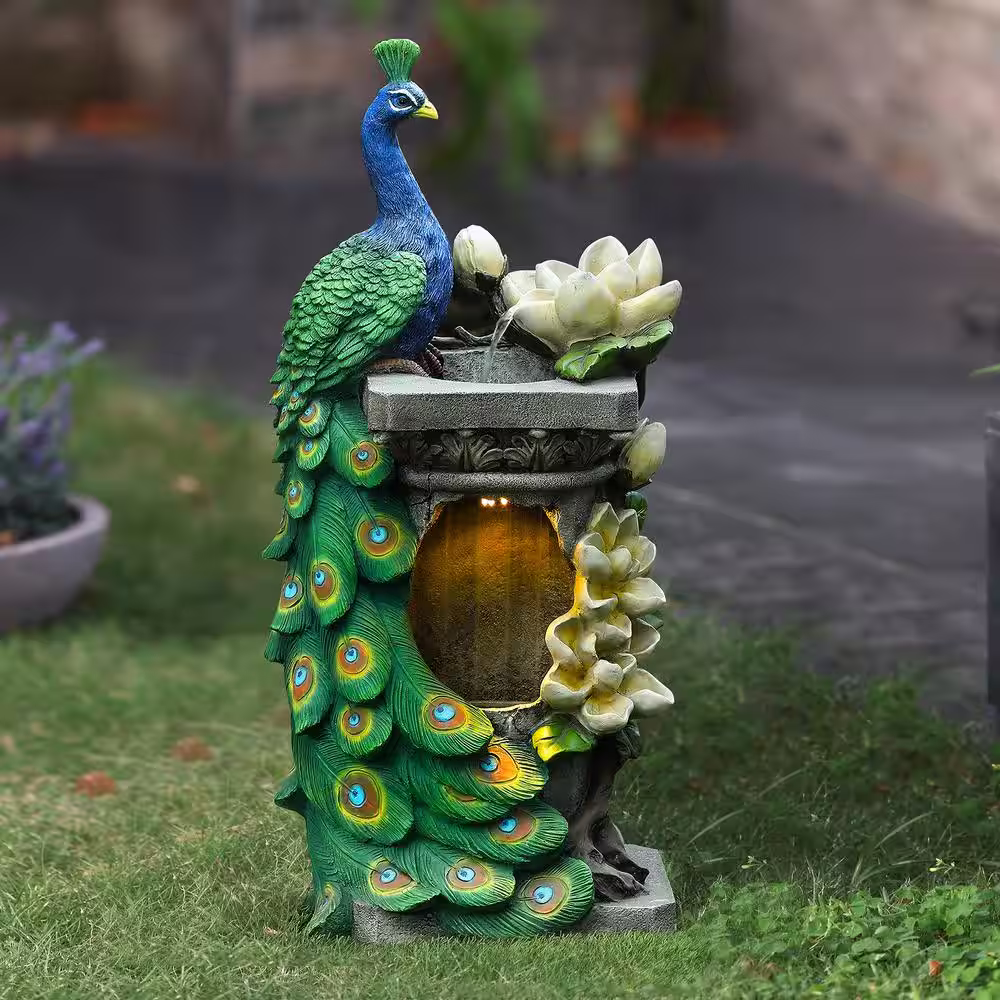 LuxenHome Polyresin Peacock Outdoor Fountain with LED Light