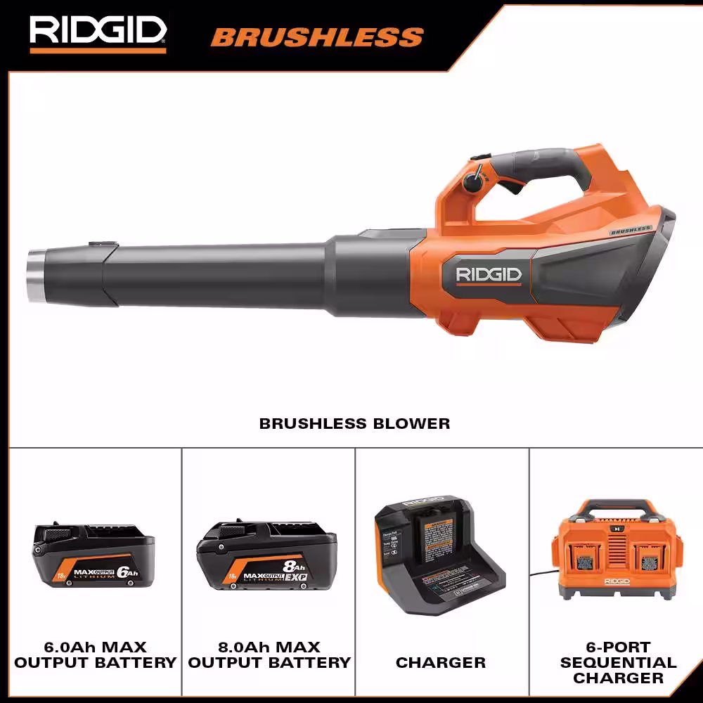RIDGID 18V Brushless Cordless Blower Kit with 6.0 Ah MAX Output Battery, Charger, 6-Port Charger, and 8.0 Ah MAX Output Battery