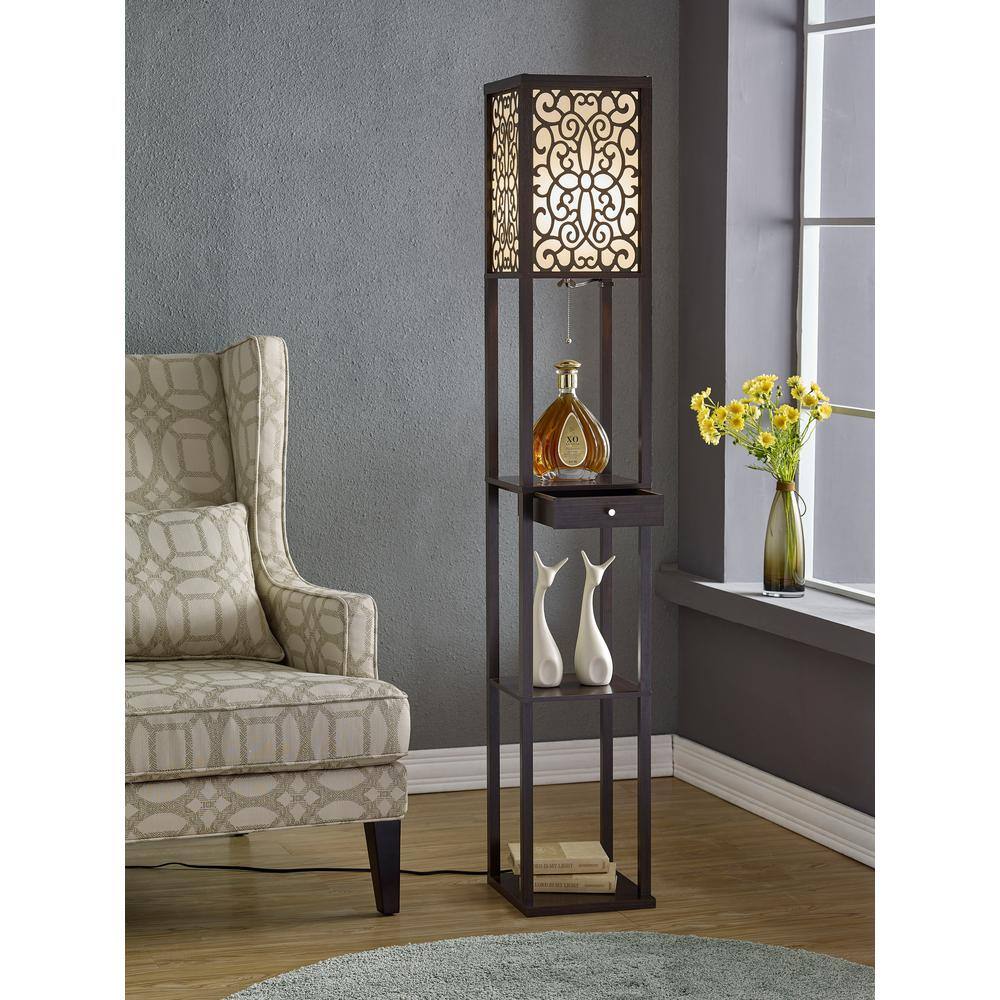 ARTIVA 63 in. Expresso Etagere Shelf Floor Lamp with Drawer