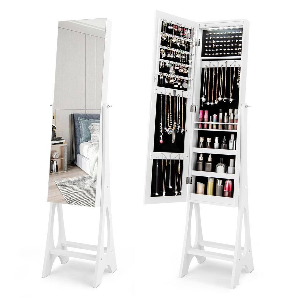 Costway White LED Jewelry Cabinet Armoire with Bevel Edge Mirror Organizer Mirrored Standing