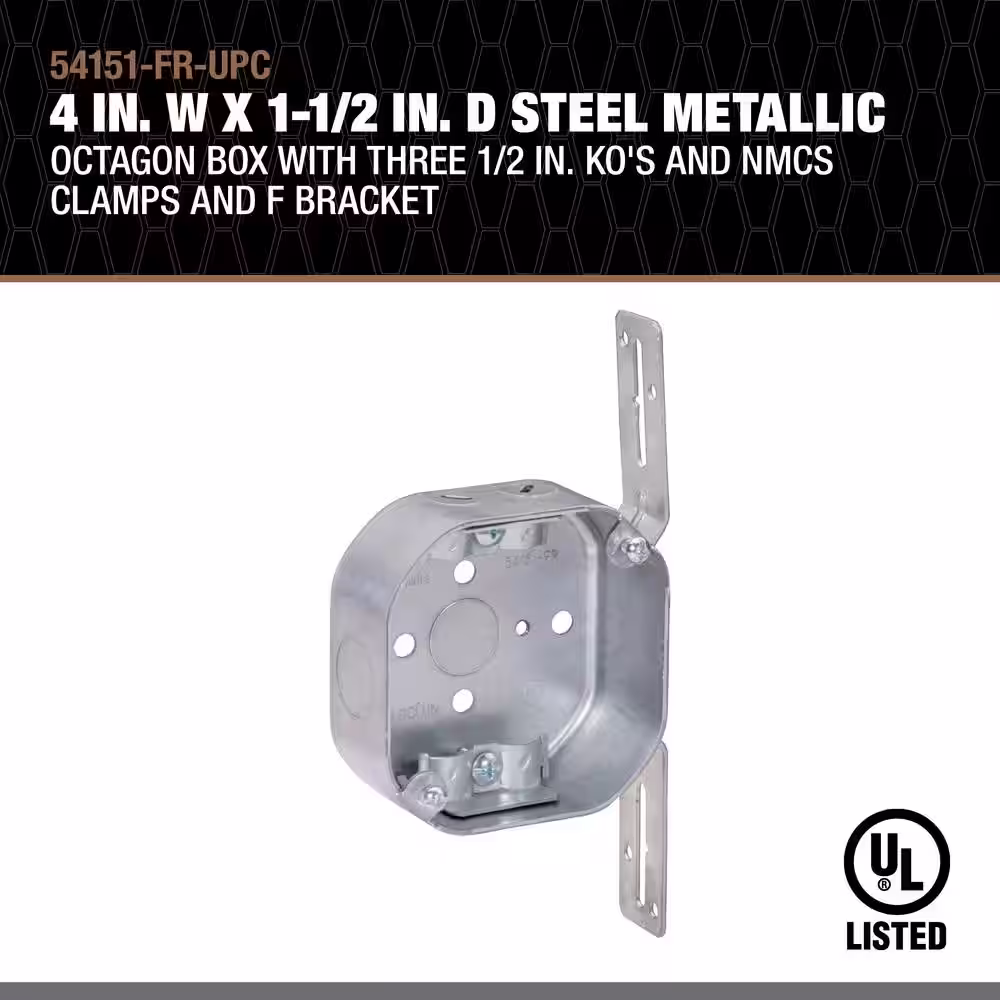 Southwire 4 in. W x 1-1/2 in. D Steel Metallic Octagon Box with Three 1/2 in. KO's and NMCS Clamps and F Bracket, 1-Pack