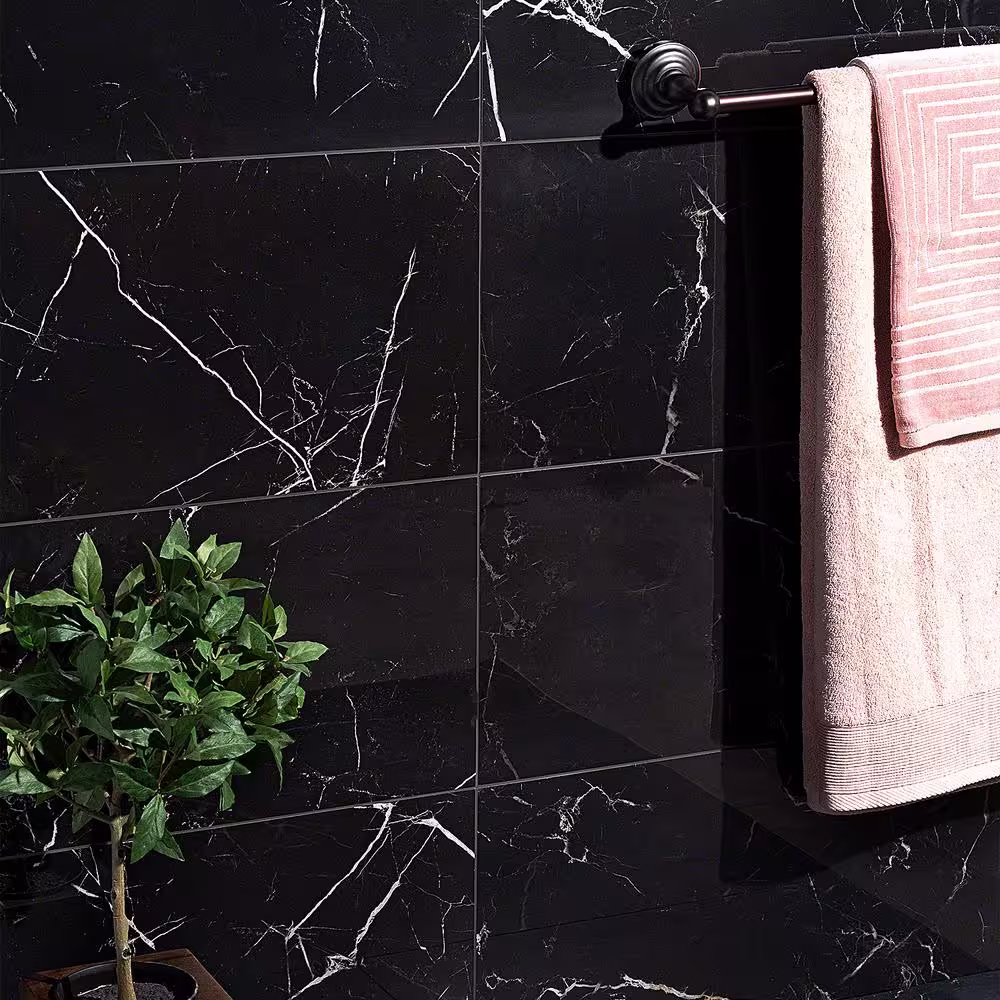 Ivy Hill Tile Marmo Black 11.81 in. x 23.62 in. Polished Marble Look Porcelain Floor and Wall Tile ( 11.62 sq.ft. / Case)