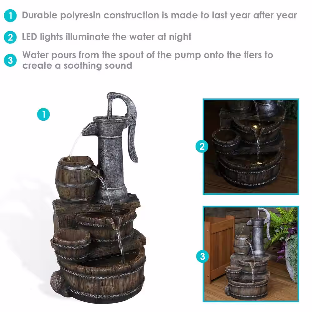 Sunnydaze Decor 23 in. Cozy Farmhouse Pump and Barrels Tiered Water Fountain with LED Lights (3-Piece)
