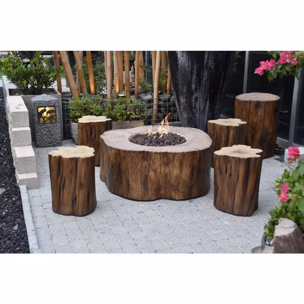 Elementi Manchester 42 in. x 39 in. x 17 in. Irregular Round Concrete Propane Fire Pit Table in Redwood