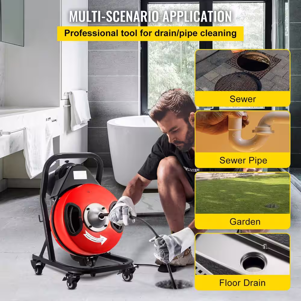 VEVOR Electric Drain Auger 50 ft. x 1/2 in. Drain Cleaner Machine 250W with 4 Wheel Cutter Foot Switch for 2 in. to 4 in. Pipe