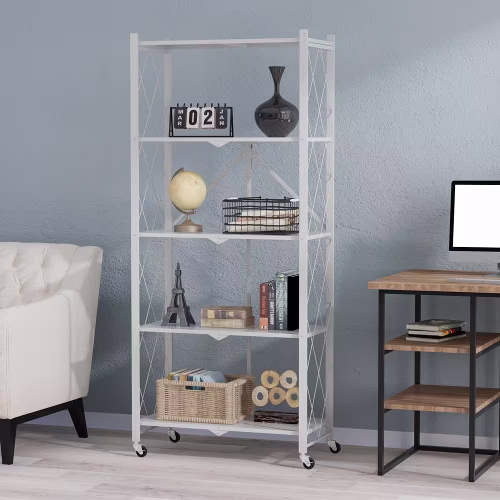 FUFU&GAGA 64.3 in. H White Metal 10-Shelf Freestanding Standard Bookcase Foldable Metal Shelf Shelving Unit With Wheels