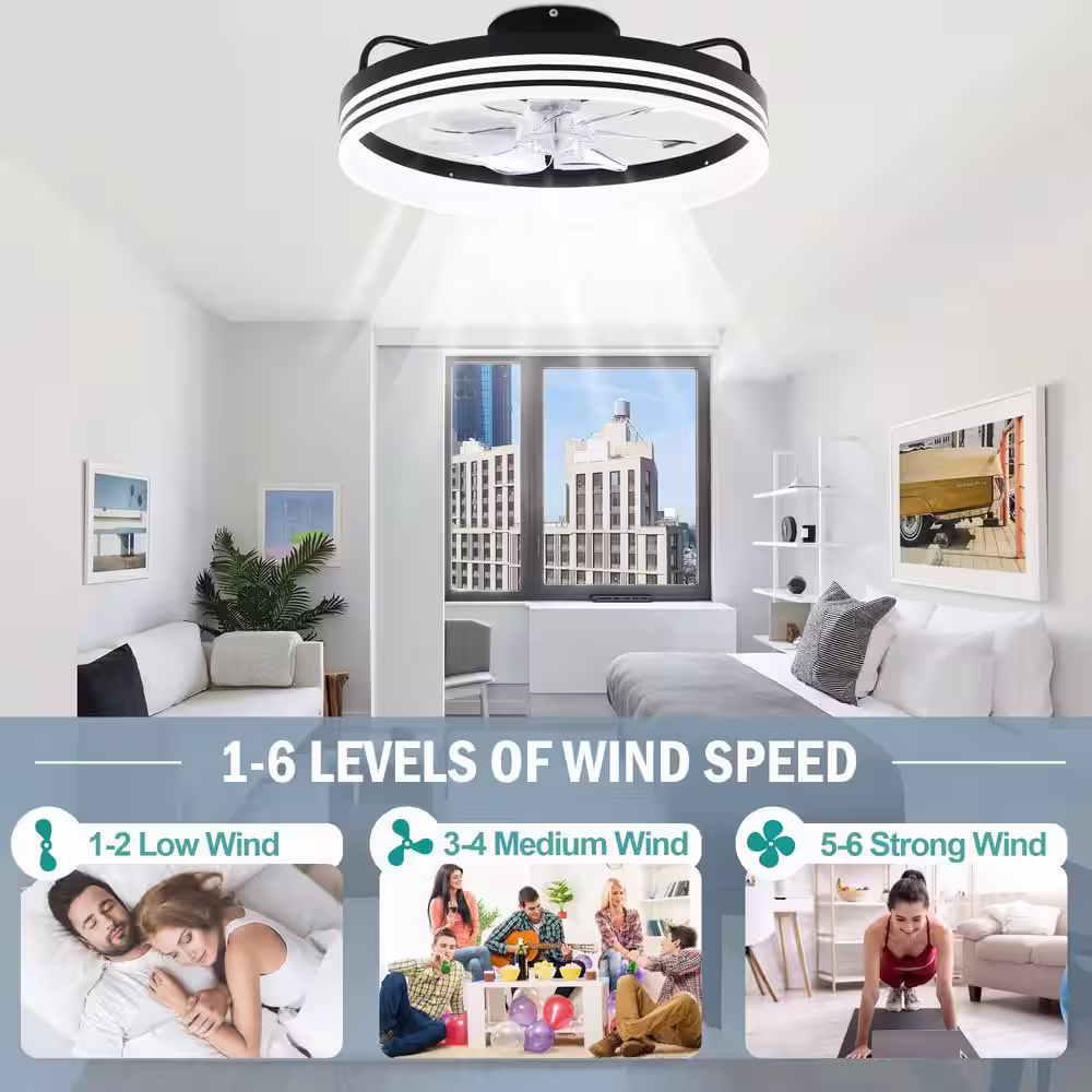 Oaks Aura 20in. LED Indoor Black Bladeless App Control Smart Low Profile Ceiling Fan Flush Mount Dimmable Lighting For Bedroom