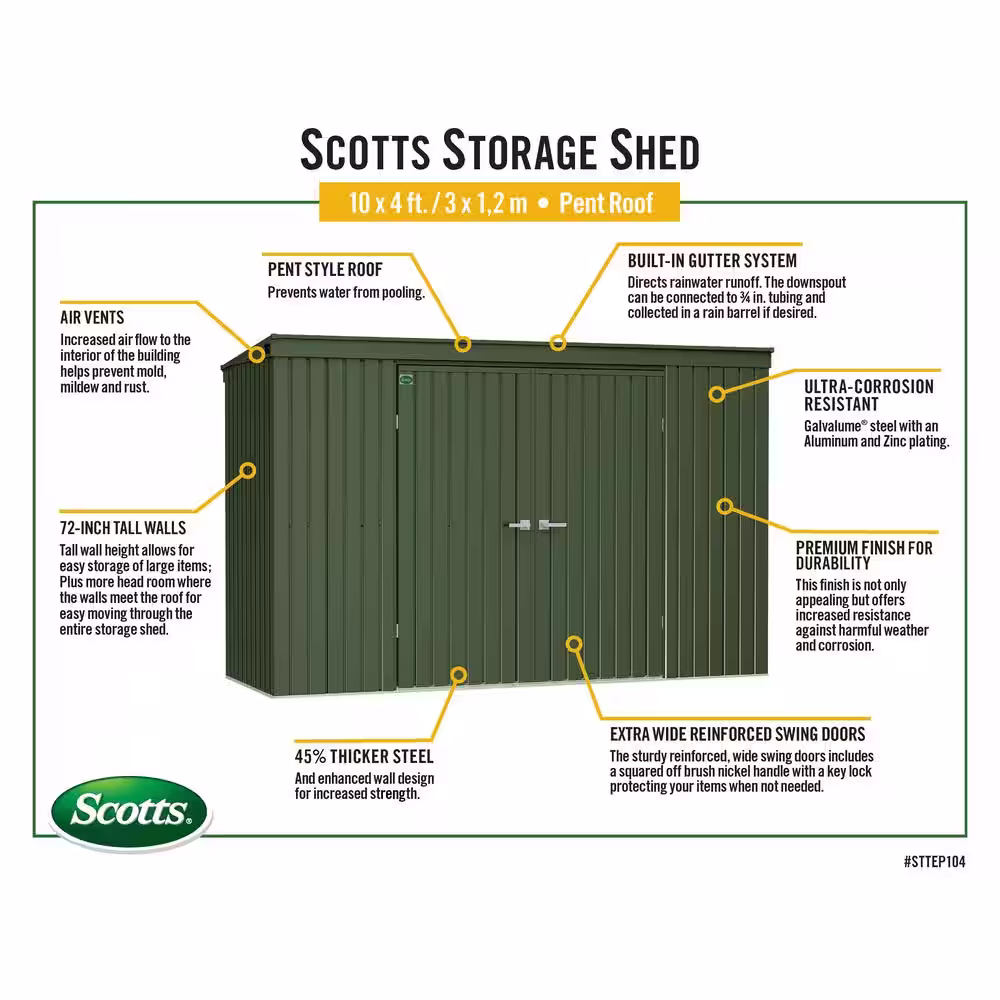 Scotts Garden Storage Shed 10 ft. W x 4 ft. D x 6 ft. H Metal Shed 35 sq. ft.
