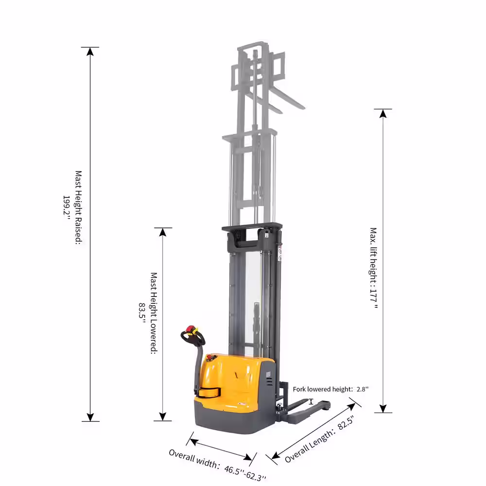 None 3300 lbs. 177 in. Lifting Powered Full Electric Walkie Stacker with Straddle Legs and Adjustable Forks