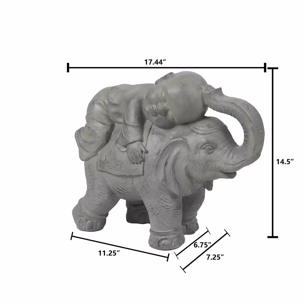 LuxenHome Gray MgO Buddha Monk and Elephant Garden Statue