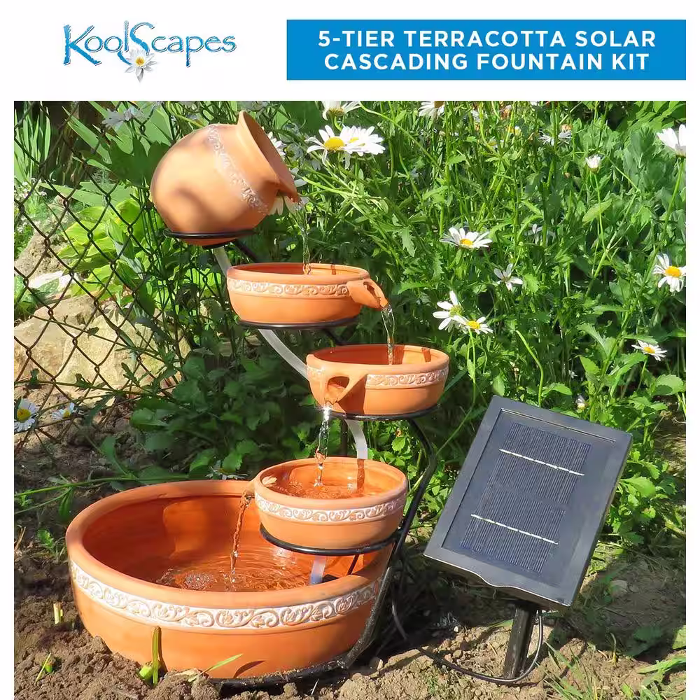 Koolatron Koolscapes Solar-Powered 5-Tier Cascading Fountain, Terracotta Clay, Self-Contained Water Feature