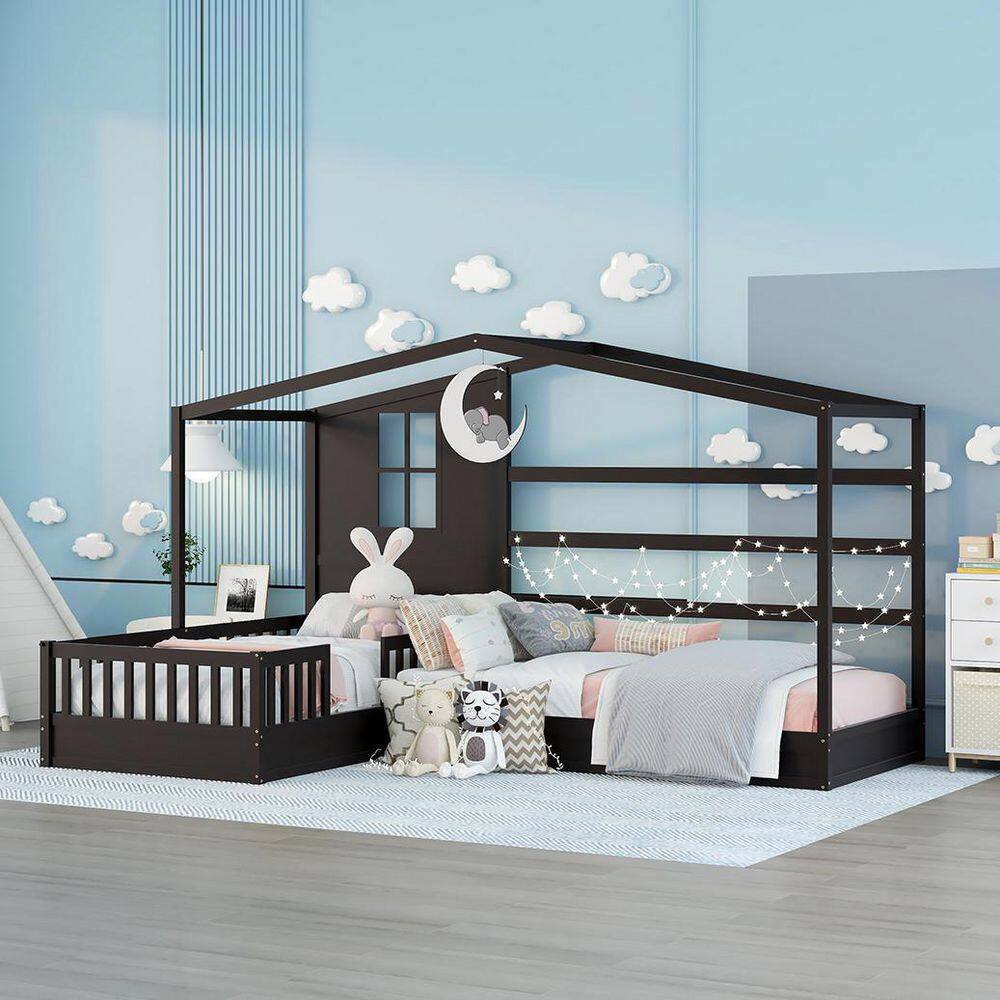 None Espresso Twin Size L-Shaped Wood House Bed for Kids, 2 Twin Solid Bed L Structure with Fence and Slatted Frame