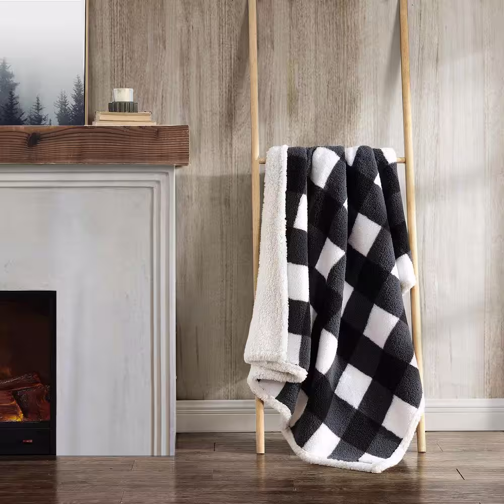 EDDIE BAUER Cabin Plaid Printed Sherpa Black Microfiber Throw Blanket