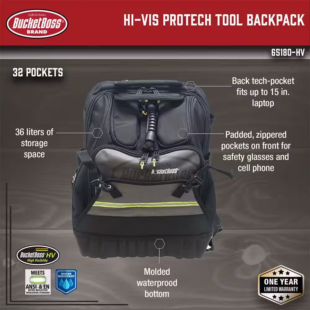 BUCKET BOSS 14 in. Heavy Duty High Visibility Protech 32-Pocket Tool Bag Backpack